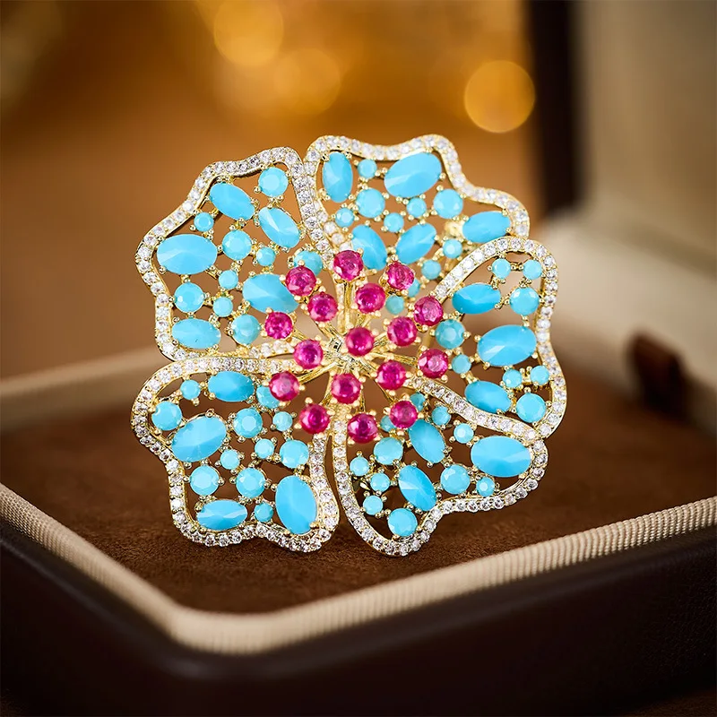 OKILY Luxury Blue Zircon Turquoise Flower Brooch Pin Delicate Handcraft Enamel Broche for Women's Summer Dress Clothing Corsage