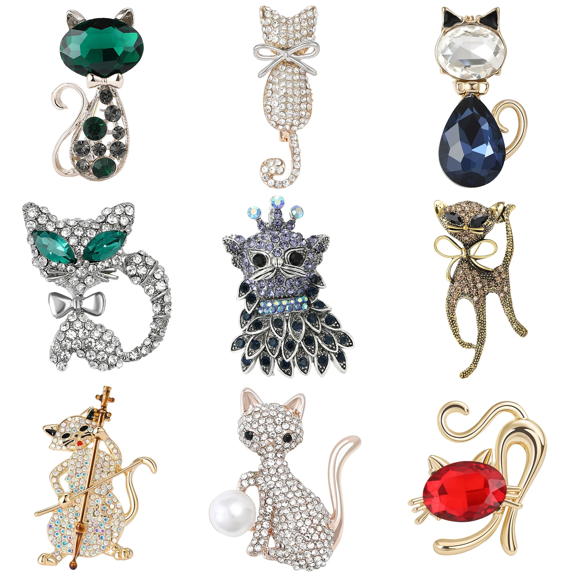 Rhinestone Cat Brooches for Women Unisex Pearl Animal Pin Kitten Lapel Pins Office Party Friend Luxury Gifts Jewelry Accessories