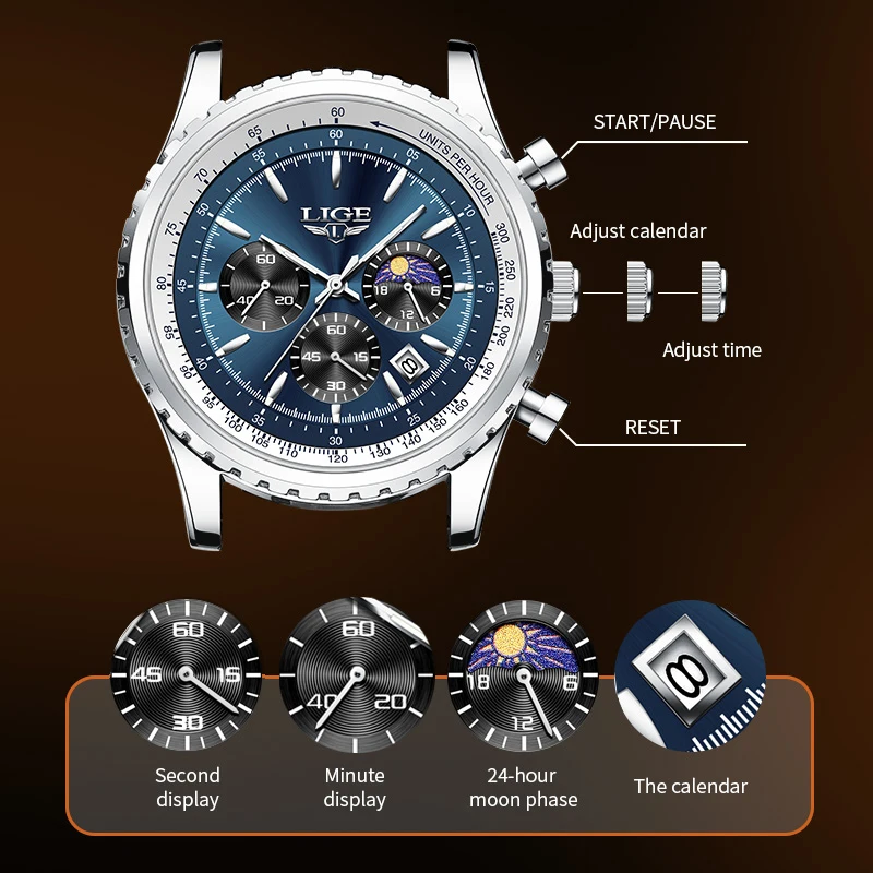 LIGE Fashion Luxury Man Watch Leather Strap Casual Sports Watches Men Moon Phase Chronograph Waterproof Date Quartz Wristwatches