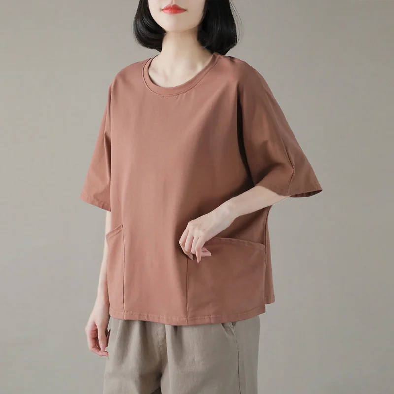 Simplicity Pockets Patchwork Tops Tees Summer New Short Sleeve Solid Color All-match Loose T Shirts Casual Fashion Women Clothes