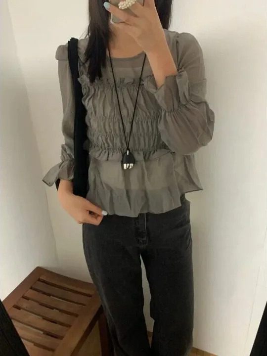 Early Autumn Women's Top Korean Style Sweet Soft Pleated Waist-Cinching Slimming Lace Sleeve Thin Chiffon Shirt