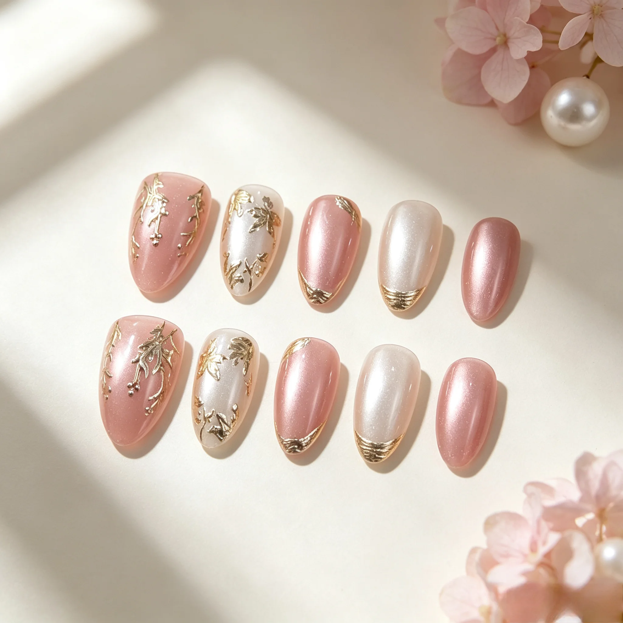 10Pcs Medium Almond Handmade Press On Nails Gift Box, Pink Silver Cat Eye Metallic Gold Foil Floral Curve Tip Design Reusable Fa