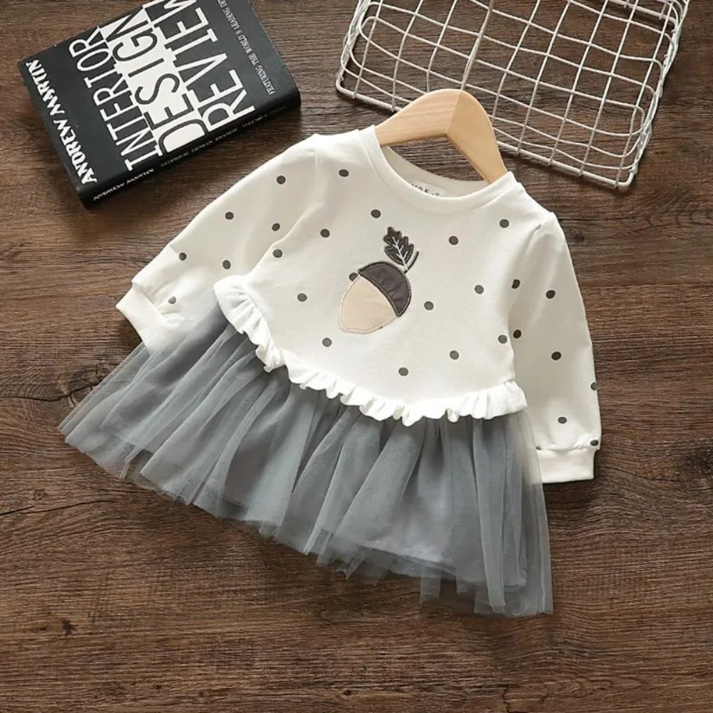 

2025 Spring and Autumn Fashion Cute Color Blocked Baby Girl Dresses Long Sleeve Dot Printed Mesh Splicing Princess Dress