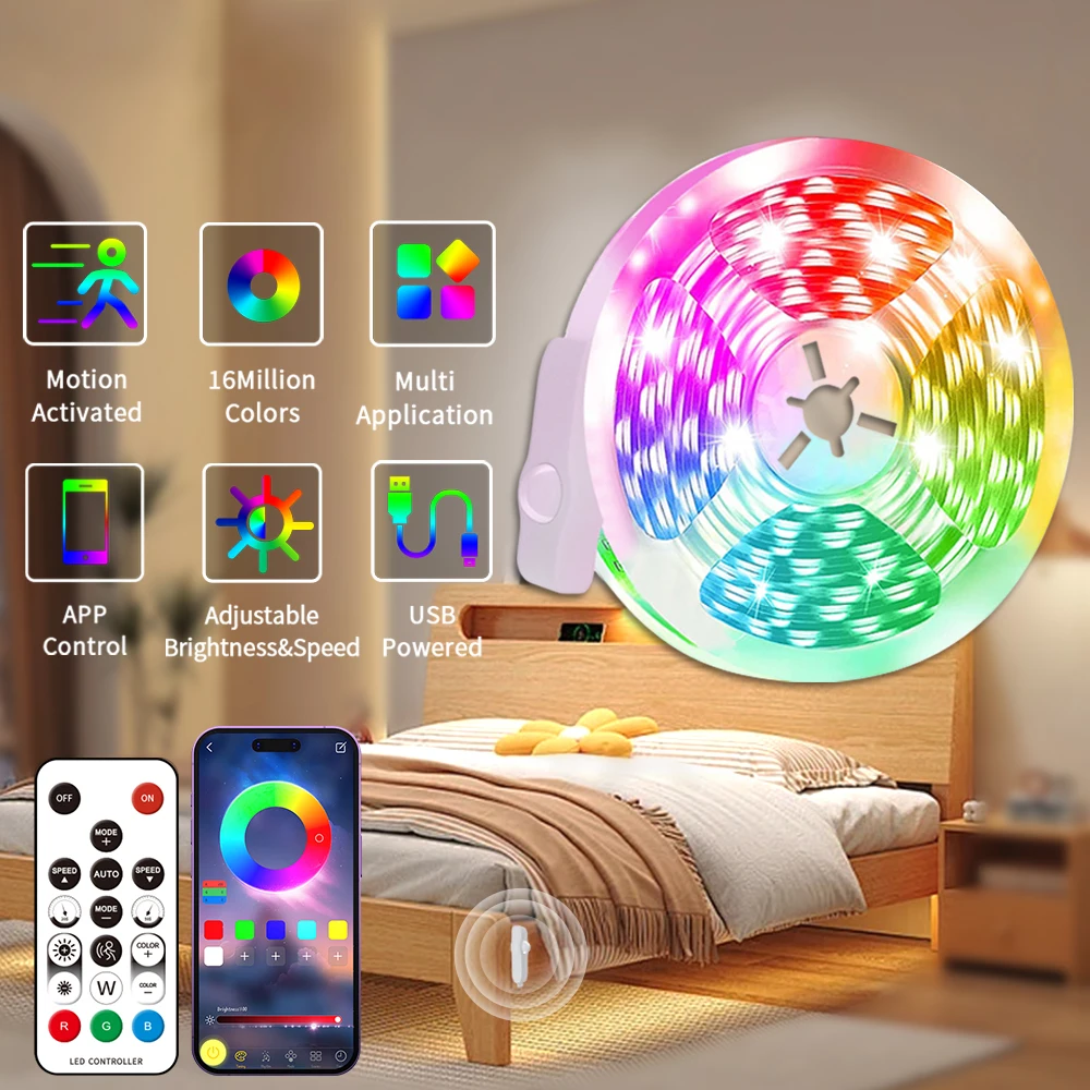 

LED Motion Sensing Light Strip 5V USB RGB Sensor Induction Night Light For Bed Cabinets Stairs Bedrooms Decoration 2-10M