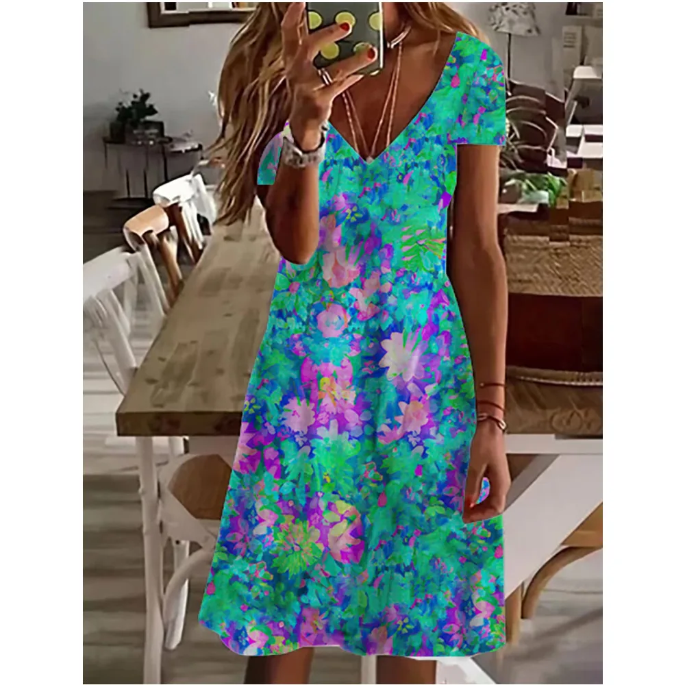 Women Casual Short Sleeve T-shirt Mini Dress Basic Colorful Floral Flower Butterfly Funny 3d  Print Vacation Dresses For Beach