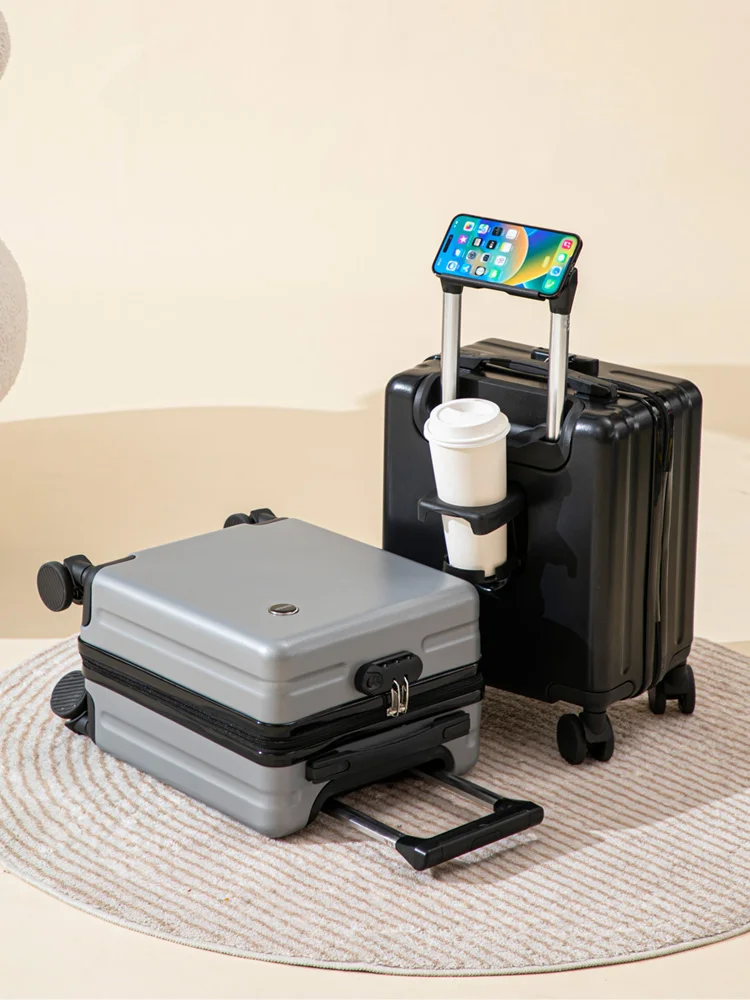 

14-Inch Luggage Carry-On with Phone Holder Cup Holder Unisex Short Trip Rotating Bag Features