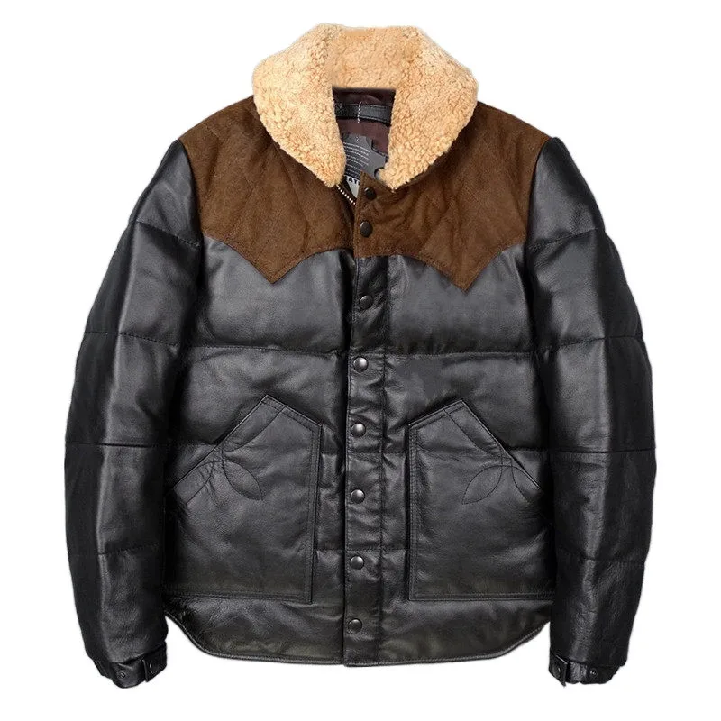 Echtes Leder Herren Daunenjacke Eepskin Kragen Patchwork Busin Casual Sle Reißverschluss Youth Fit Ledermantel