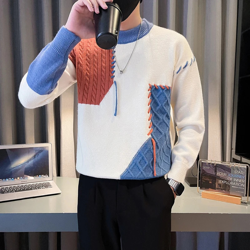 الخريف الشتاء تقسم سترة الرجال سليم صالح نصف عالية الرقبة طويلة الأكمام محبوك البلوزات الأعمال عادية تريكو قاعدة قميص #1