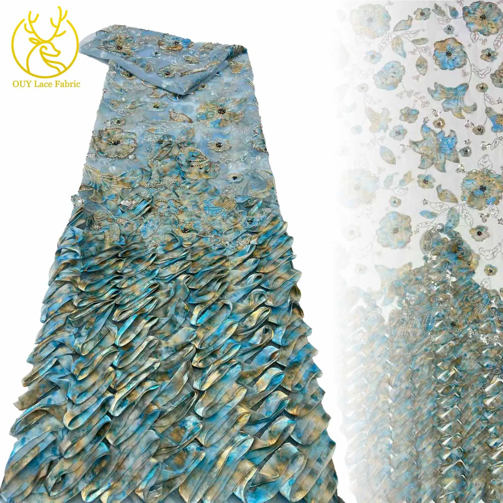 

Latest 3D Nigerian African Elegant Women's Dresses Beaded Sequins Fabric French Tulle Embroidered Lace Fabric for Party Wedding