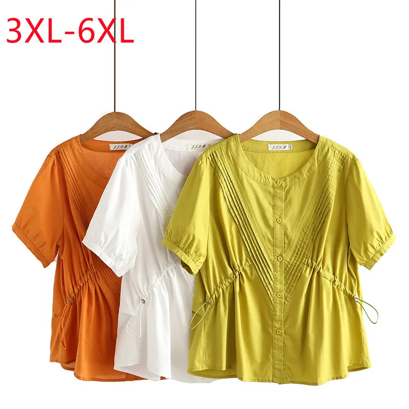

Large Womens 2022 summer new French White Shirt Short Sleeve round neck elastic waist Plus Size cardigan 3XL 4XL 5XL 6xl