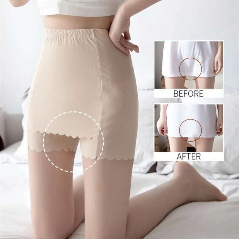 Ice Silk High Waist Women Tummy Control Seamless Shorts Double Layer Under the Skirt Boxer Safety Pants Women Shapewear