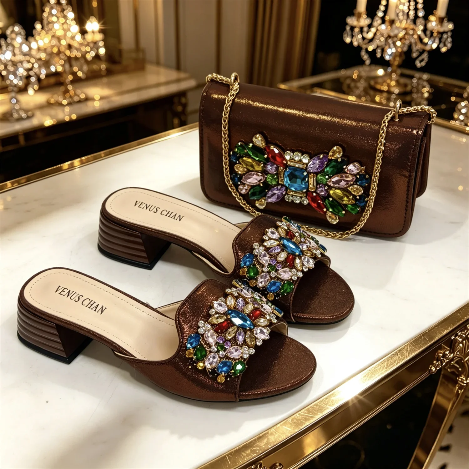 Olivgrüne Strass-Sandalen mit passender Tasche, Damen-Pantoletten mit Blockabsatz, bunte Kristall-Pantoletten, Clutch-Tasche für Hochzeiten – Detail 38