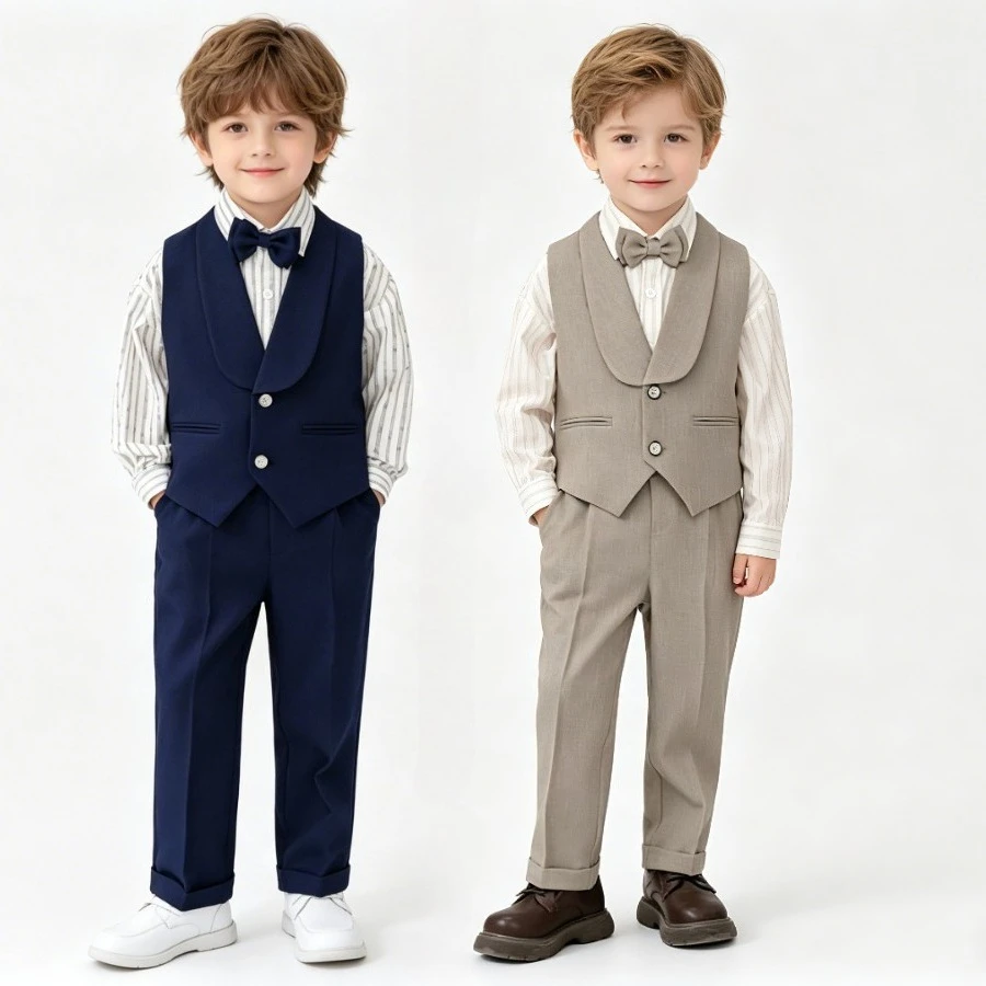 Elegant Boys Formal Vest Suit Set, School Kids Waistcoat Pants Bow Tie Outfit, Children Gentleman Wear for Wedding/Party 3-10Y