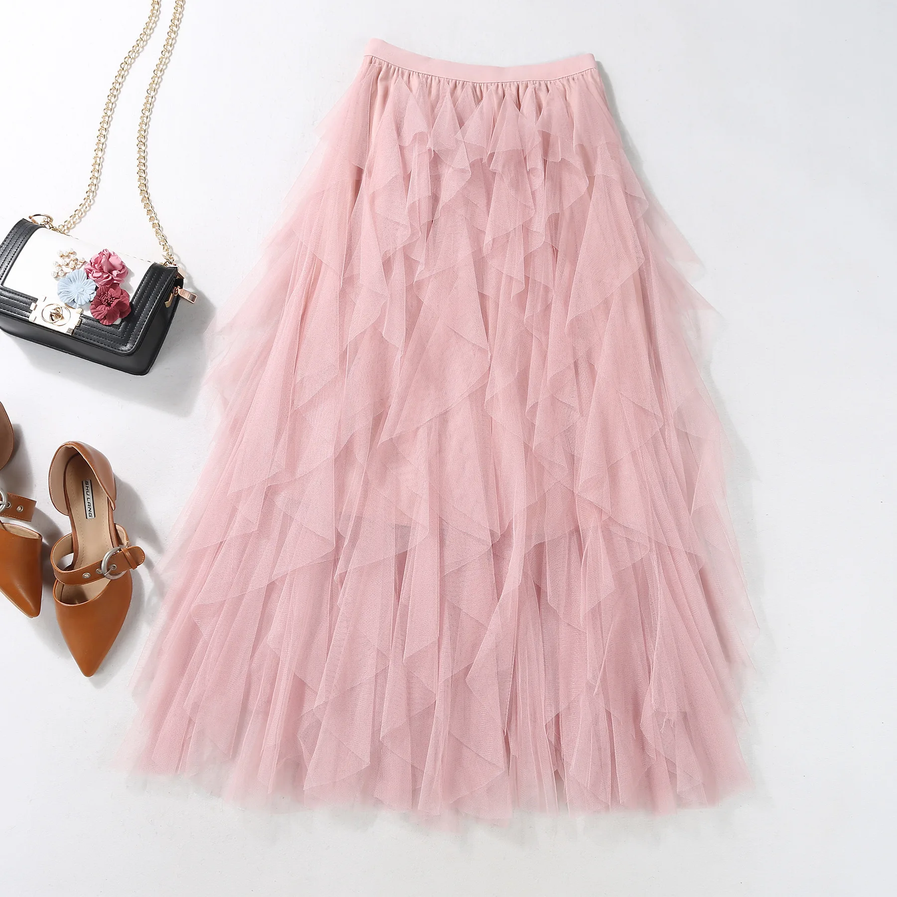 2024 New Women's Mesh Elastic Sheep Skirt Beach Spring/Summer Korean Edition High Waist Fashion Folded Sheep Skirt P987