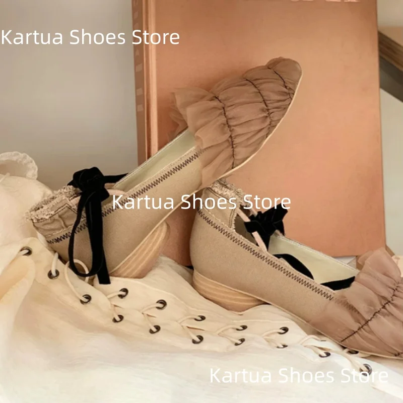 Women's Taupe Pink Ruched Bow Square Toe Ballet Flat Sole Pumps Vintage Sweet Elegant Ladies Casual Classic Shallow Single Shoes