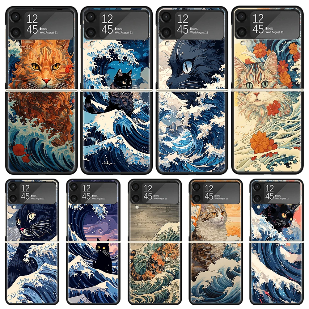 Anime Cat Sea Wave Aesthetic Phone Case For Samsung Galaxy Z Flip3 Flip4 Flip5 Flip6 PC Shell For Z Flip 3 4 5 6 Hard Folding Ar