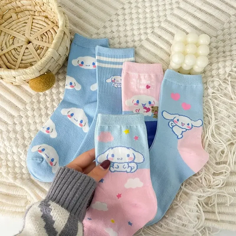 5 Pairs Kawaii Sanrio Cinnamoroll Cartoon Socks Women's Girls Kids Blue Combed Cotton Midtube Stockings Cute Puppy Stockings