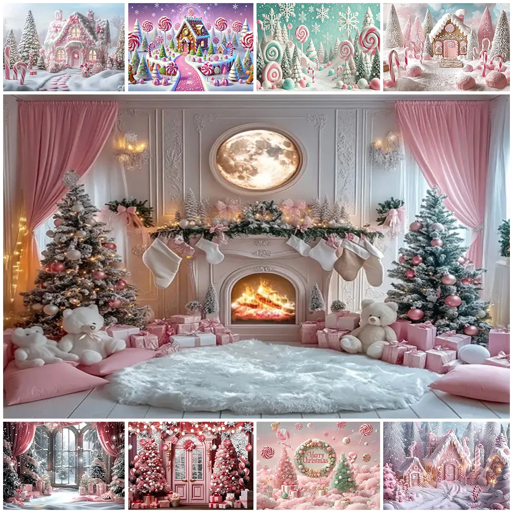 

Pink Candy Castle Winter Snow Scenery Backdrop Candy Store Photography Background New Year Christmas Party Decorations Kid Gifts