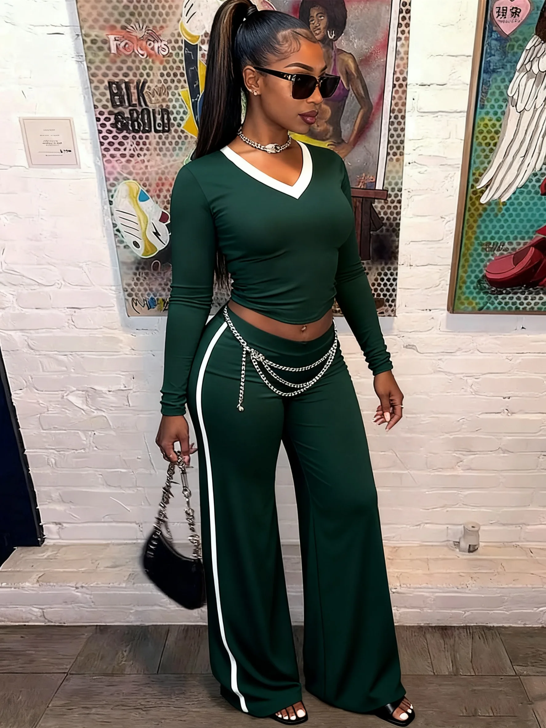 

Cutenew Лоскутный комплект из 2 предметов Женский повседневный спортивный костюм Контрастный укороченный топ с v-образным вырезом + длинные брюки Одинаковые спортивные классические наряды