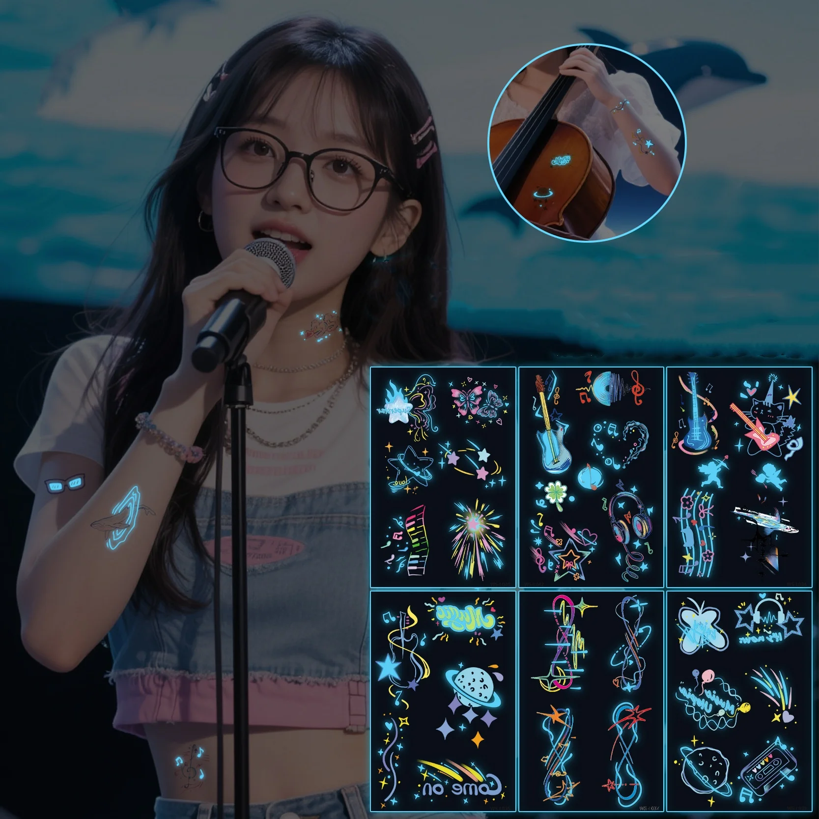 

5pc/set Blue Luminous Glow Tattoo Sticker Waterproof Temporary Finger Wrist Body Art False Tattoo for Music Festival Party Decor