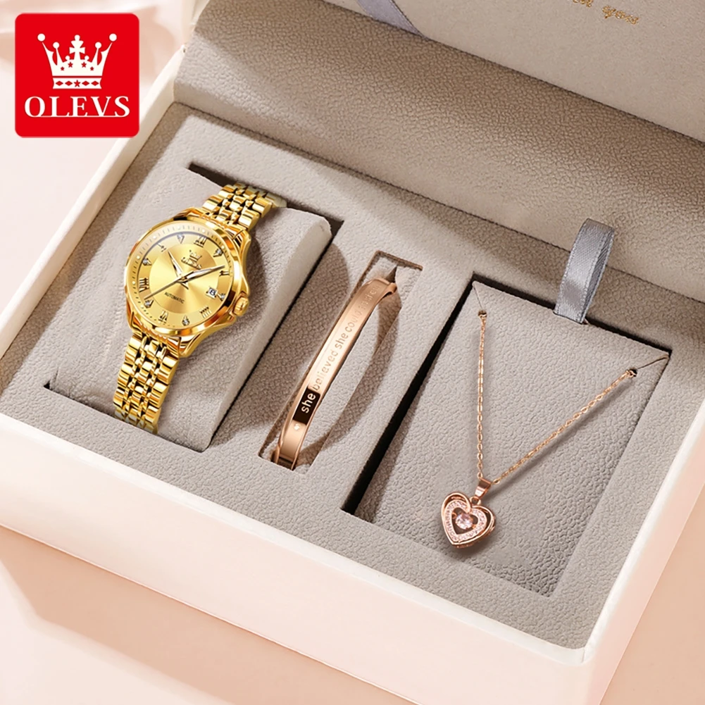 OLEVS Women\'s Mechanical Watch Stainless Steel Strap Dual Calendar Luxury Ladies Wristwatch Original Automatic Watches for Women