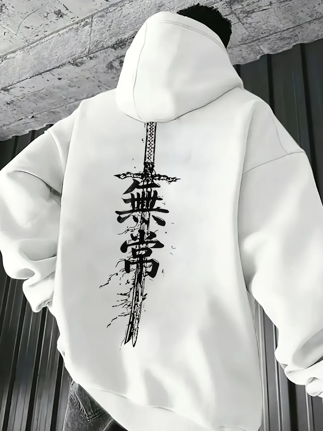 Moletom Masculino de Fleece com Estampa de Espada Kanji Japonesa, Quente para o Inverno, Roupa Esportiva, Moletom Casual Solto para Treino