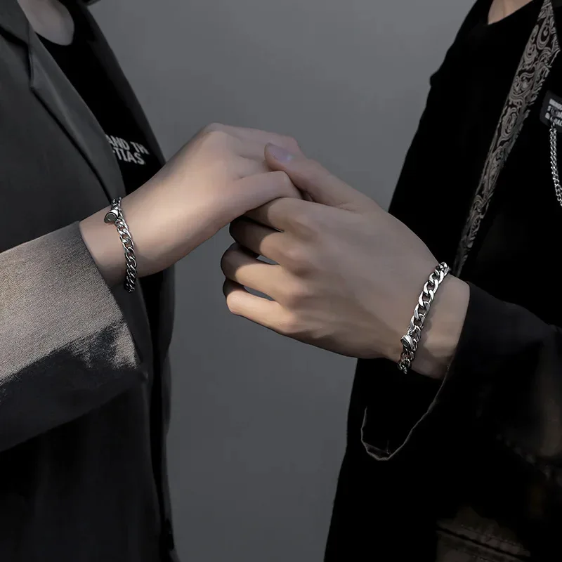 2Pcs/set Magnet Couple Bracelets Heart Attraction Bracelet Sliver Love Charm Simple Cuban Chains Key Lock Jewelry Gifts image 2