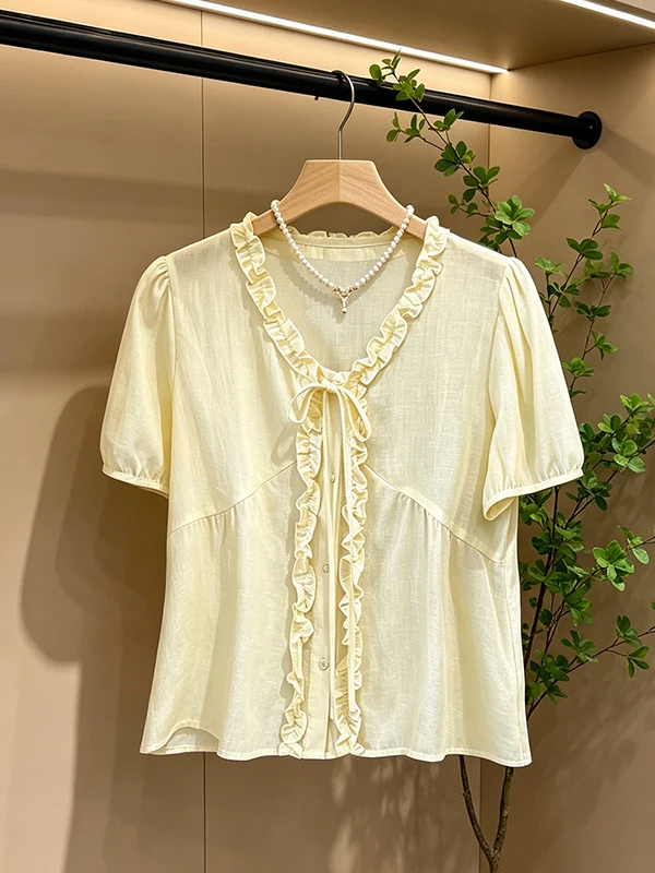 

plus Size Korean Style Doll Shirt Women's V Neck Bubble Sleeve Soft Wind Summer New Fashion Slimming Wooden Ear Shirt