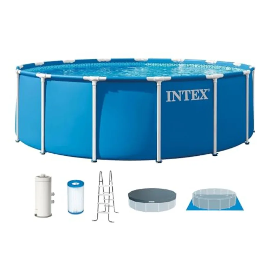 Above Ground Pool Set: Steel Frame, 15 ft x 48 in Round, Metallic Gray, Rust-Resistant Coating, Includes 1000 GPH Cartridge Fil