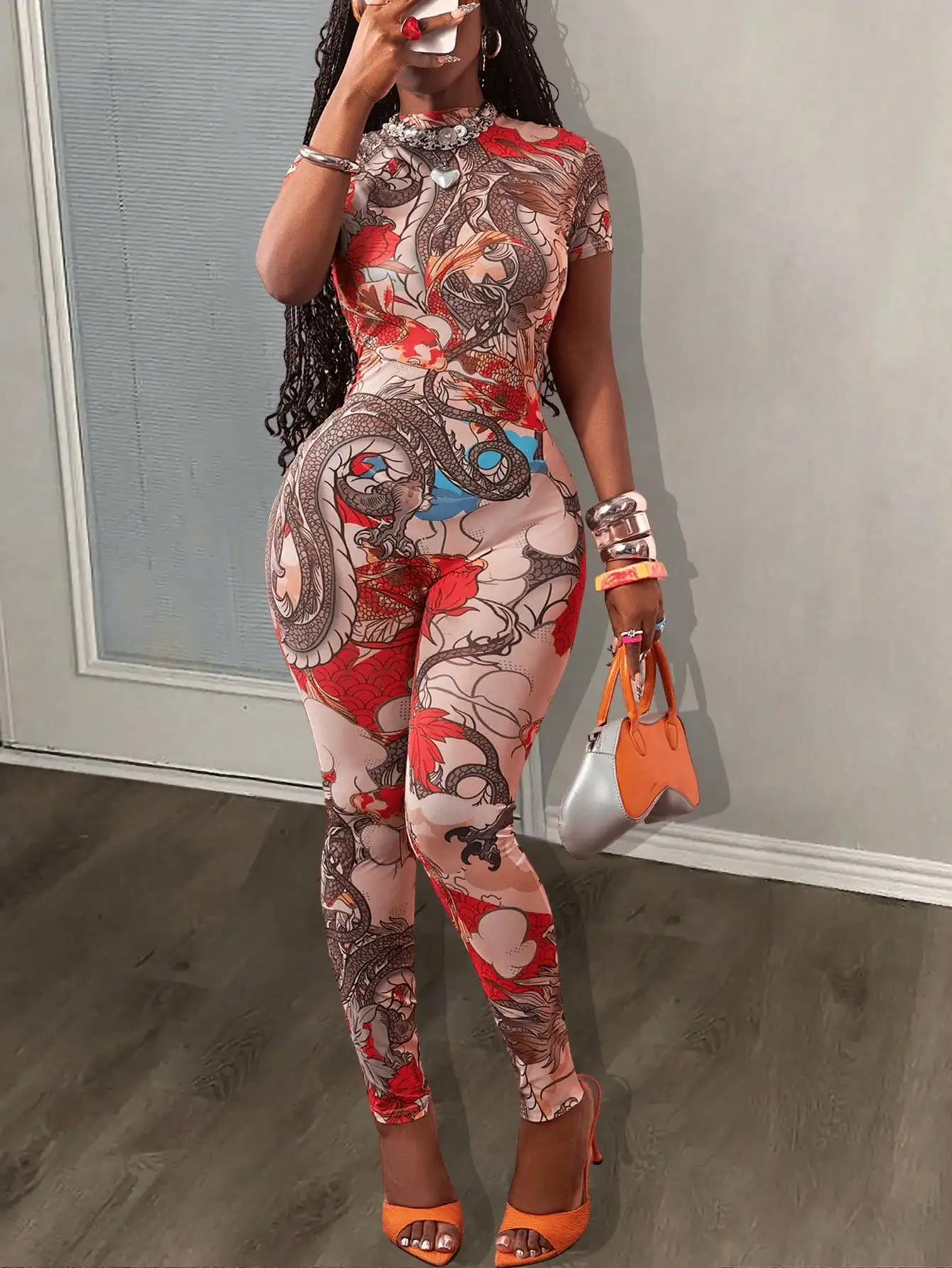 Kombinezon z siateczki z nadrukiem smoka w dużych rozmiarach z stójką - seksowna odzież uliczna na festiwale muzyczne