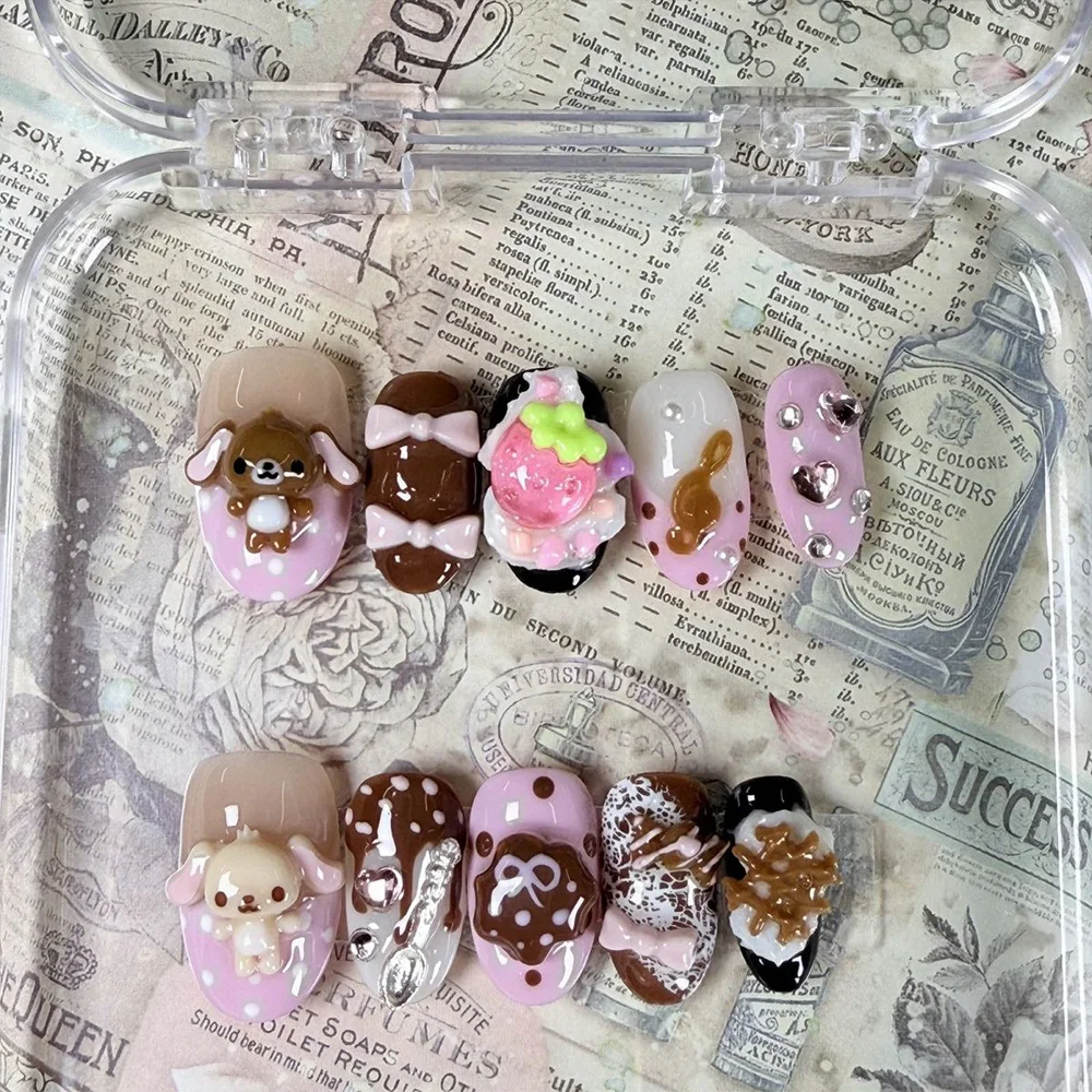 Cartoon Niedlicher Rosa Hase Dessert Liebesbär Ellipsen-Nagelkunst 3D Stern Schmetterling Knoten Flügel Punkt-Muster Künstliche Nägel Geburtstagsgeschenk – Detail 24