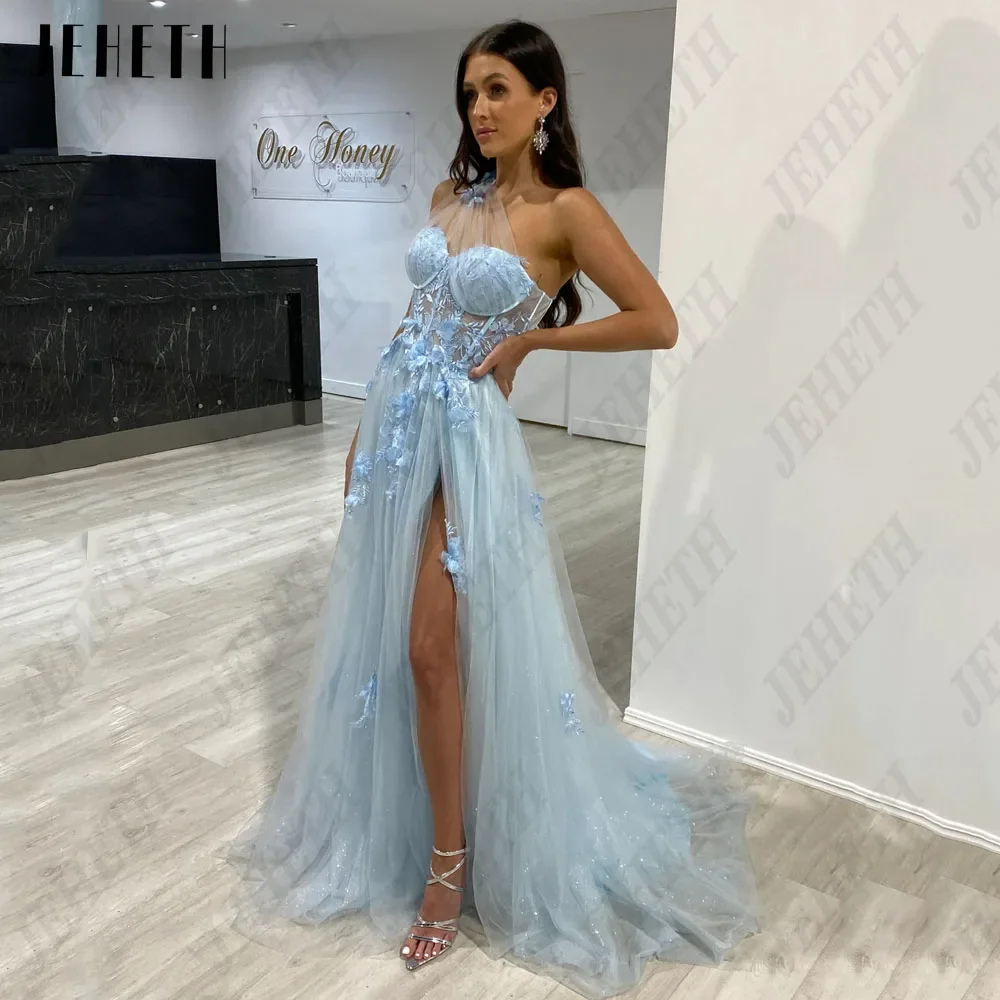 JEHETH Lilac One Shoulder Celebrity Prom Dresses Split Long 2024 Flower Graduation School 3D Flower Tulle Evening Party Gown