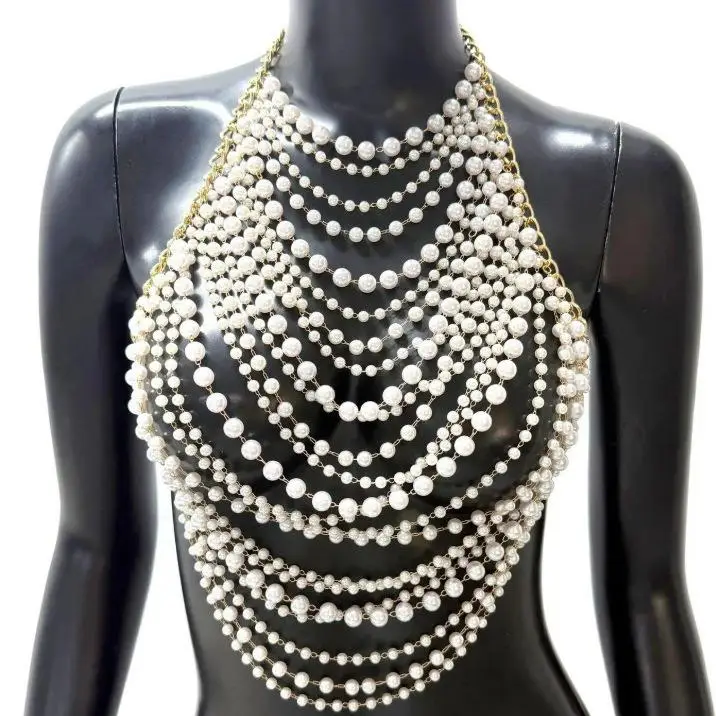 L7489Y Cross-Border Vest Pearl Luxury Multi-Layer Top Small Vest Chest Chain Women's Fashion A-Line Narrow Strap Vest