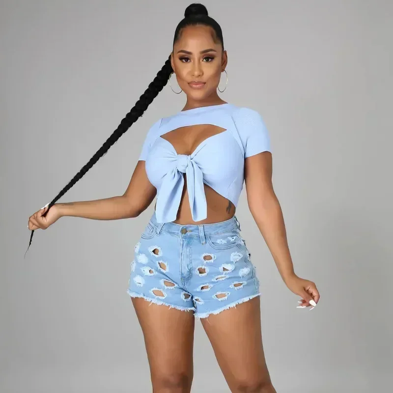 

GUWU Fashion Hole Women Ripped Tassel Hem Zipper Fly Denim Shorts Summer Streetwear Short Jeans Trousers