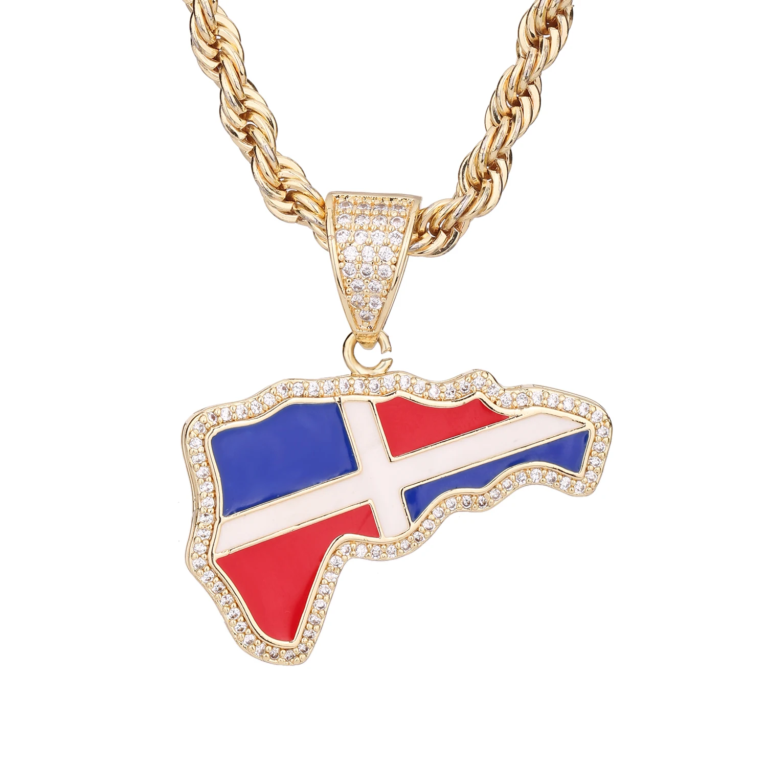 Fashion 2023 Dominican Map Pendant Hip Hop Gold Plated 14K Brass Zircon Pendant Stainless Steel Necklace