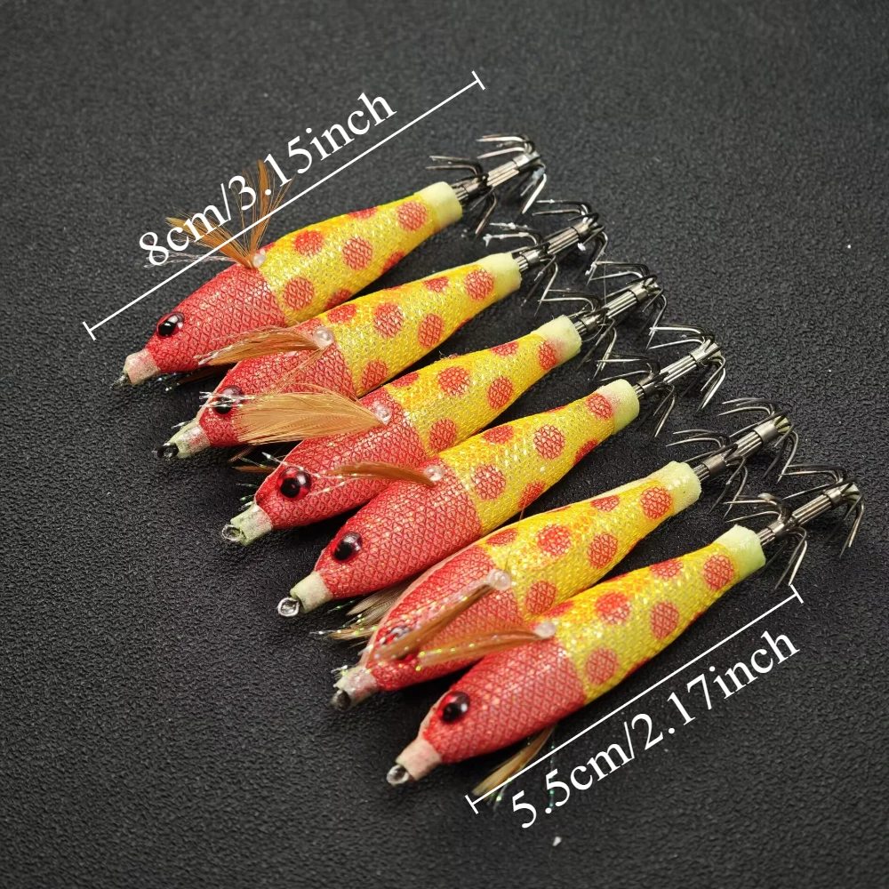 6-teiliges Set 8cm Leuchtender Salzwasser-Garnelenköder, Tintenfisch-Jig-Haken, Horizontales Tintenfisch-Jig-Egi-Set – Detail 1