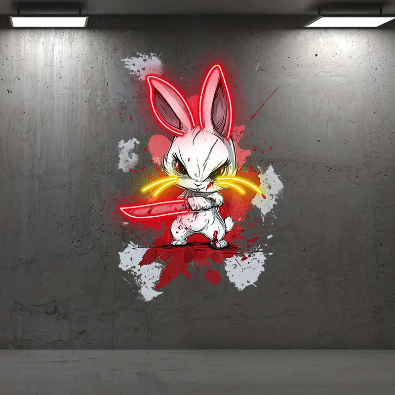 لوحة فنية جدارية نيون من Toysign Samurai Bunny - لافتة LED شرسة مع كاتانا، نمط كرتوني، ديكور جريء لغرفة الألعاب والبار والجل الكهف