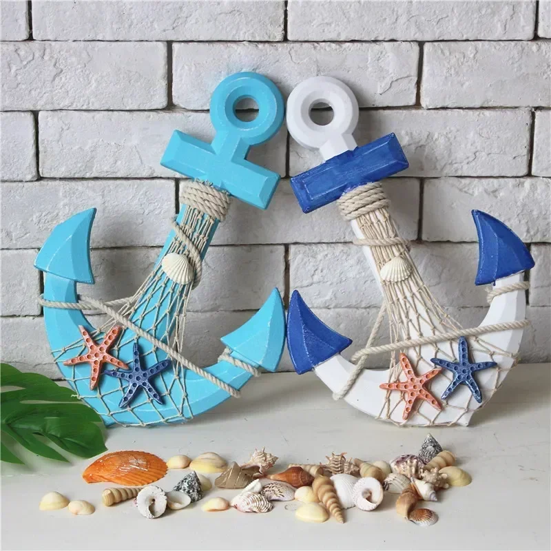 33cm Mediterranean Style Wood Anchor Ornament Nautical Decor Hanging Crafts Thermometer Wall  Hook DIY Home Room