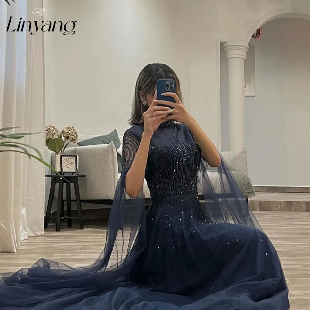 Linyang Navy Blue Gauze High Collar Sequinned Waisted Elegant Formal Evening Prom Bridesmaid Party Long Dress for Women 2023