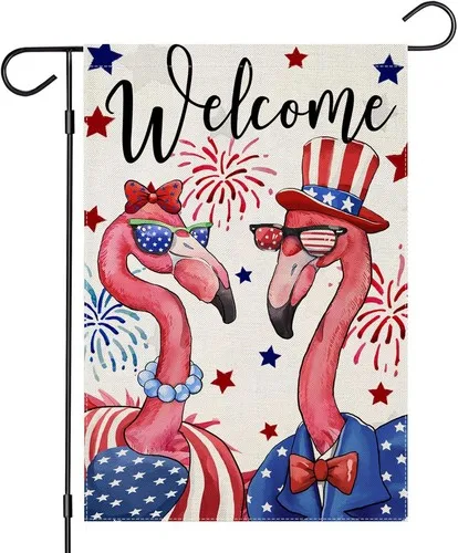 4th of July Garden Flags for Outside, Patriotic Flamingo Yard, 12x18 Inch RRI