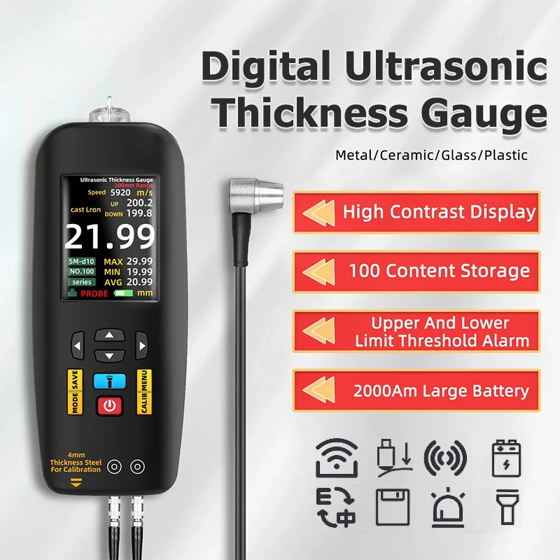 

Digital Ultrasonic Thickness Gauge Rechargeable Single/Continuous Measurement High Precision Metal Steel Plate Thickness Tester