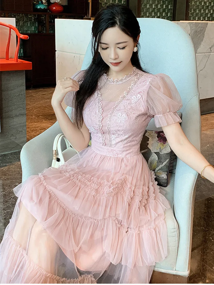 Sweet Pink Rhinestone Lace Patchwork Ruffles Edge Mesh Fluffy Wedding Party Dress Women Elegant Puff Sleeve Slim Evening Dress