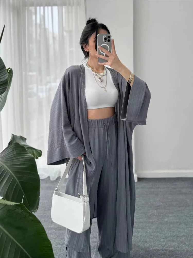 Autumn Solid Pleated Texture Top +Straight Pants Two-Piece Sets Women Loose Long Cardigan 2Piece Set Casual Lady Loose Suits