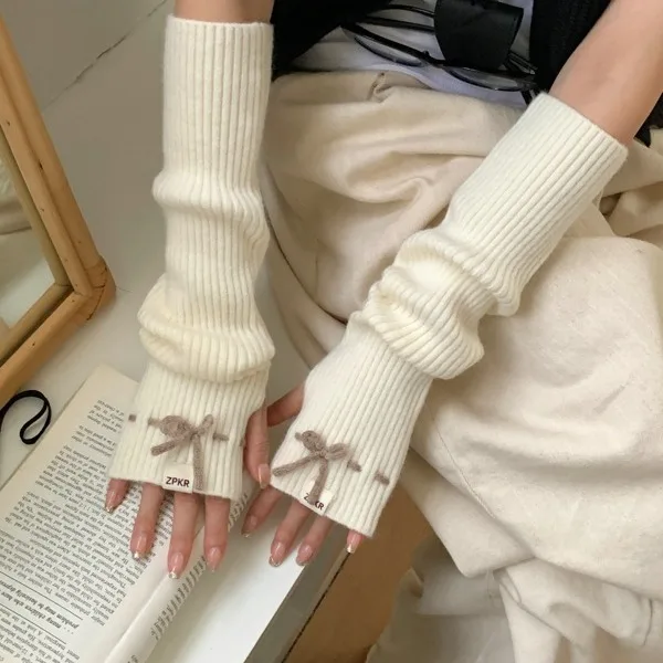 Korean Style Ins Color Matching Knitting Oversleeve Long Autumn and Winter Warm Arm Protection Long Half Finger Knitting Gloves