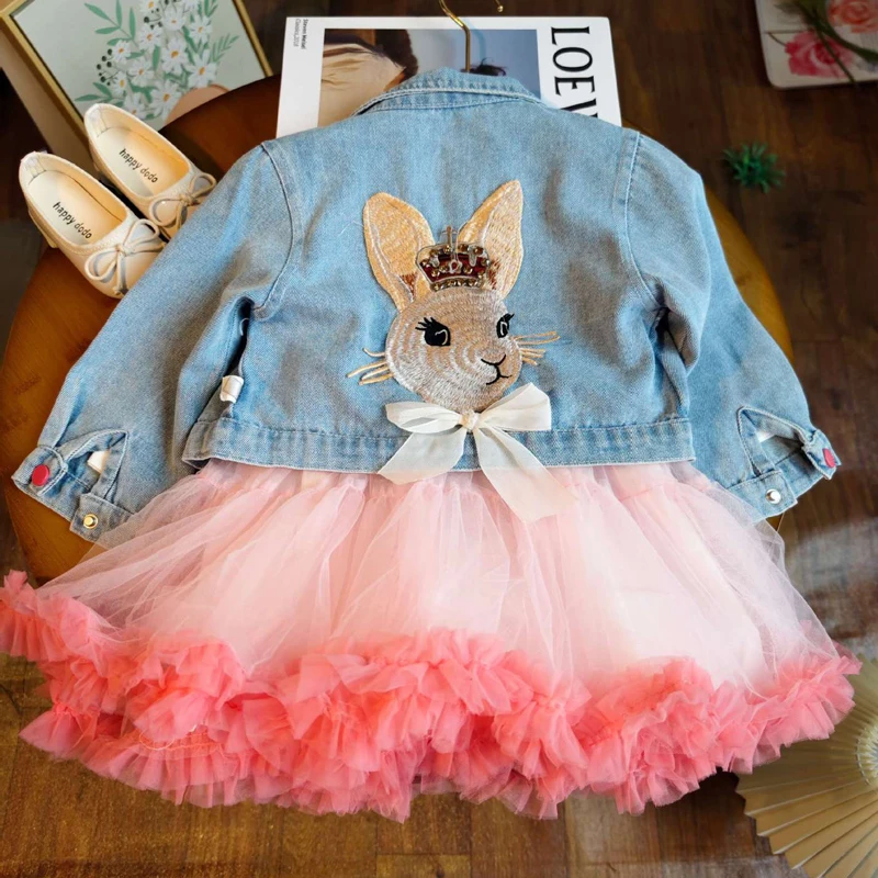 3 4 5 6 8 Years Girls Clothing Set Spring Autumn Cute Cartoon Rabbit Denim Coat+Mesh Princess Dress 2Pcs For Kids Fashion Outfit