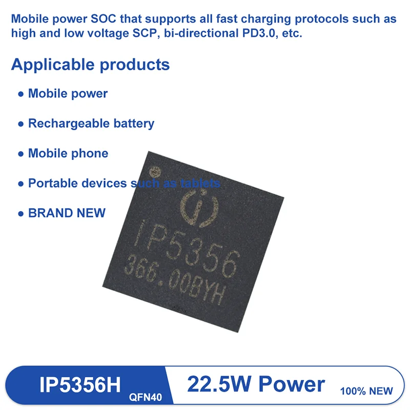 IP5356 QFN-40 Hi-Low Voltage SCP Bidirectional PD Fast Charger 22.5W Mobile Power Source chip ic BRAND NEW