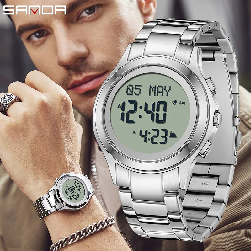 Fashion Sanda Top Brand 6169 Men Electronic Round Square Luminous Stainless Steel Strap Arabic Tidal Worship Male Wrist Watch