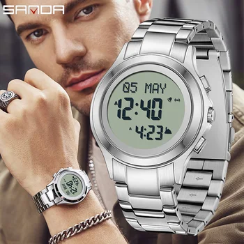 Fashion Sanda top brand 6169 men's electronic round square luminous stainless steel strap Arabic tide worship men's wristwatch