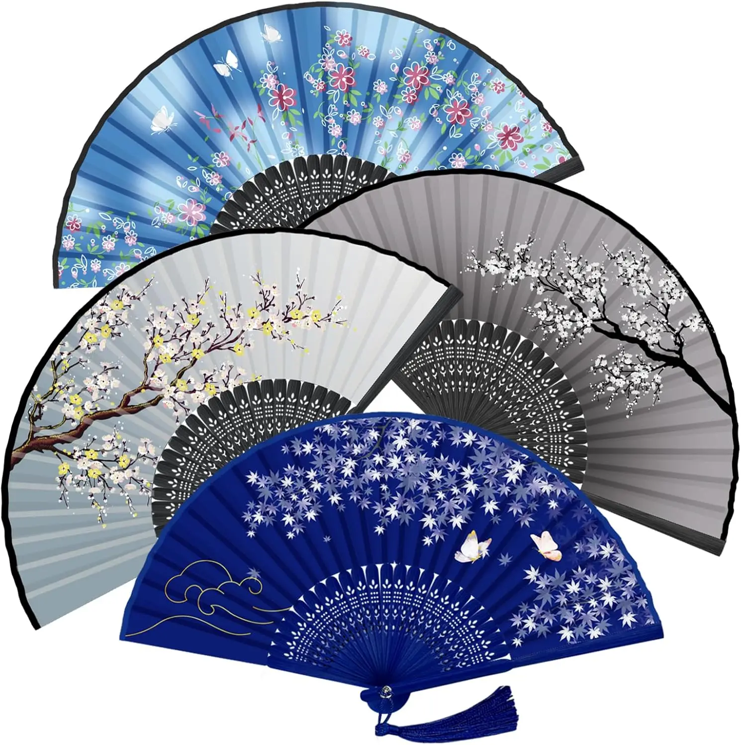 

4-Pack Handheld Folding Fans for Women, Silk Bamboo Paper Design, Portable Cooling Accessory