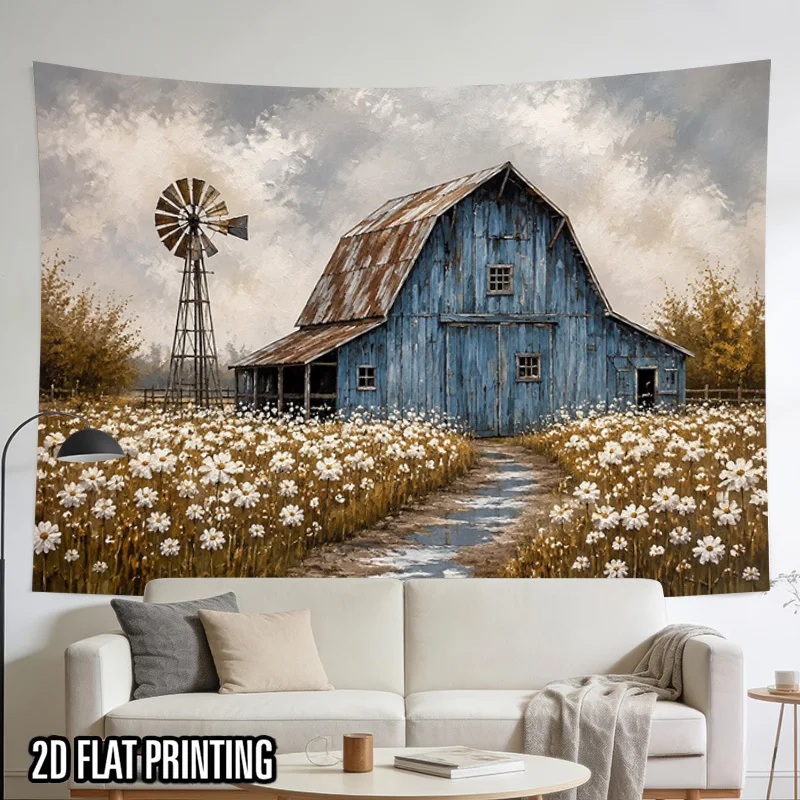 Country Farm Tapestry, Vintage Blue Wooden Barn Windmill Daisy Flower Field Rural Scenery Wall Hanging for Bedroom Dorm Living